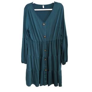 Halife Womens Dress XL Dark Teal Tiered Faux Button Long Sleeve Lightweight Flaw